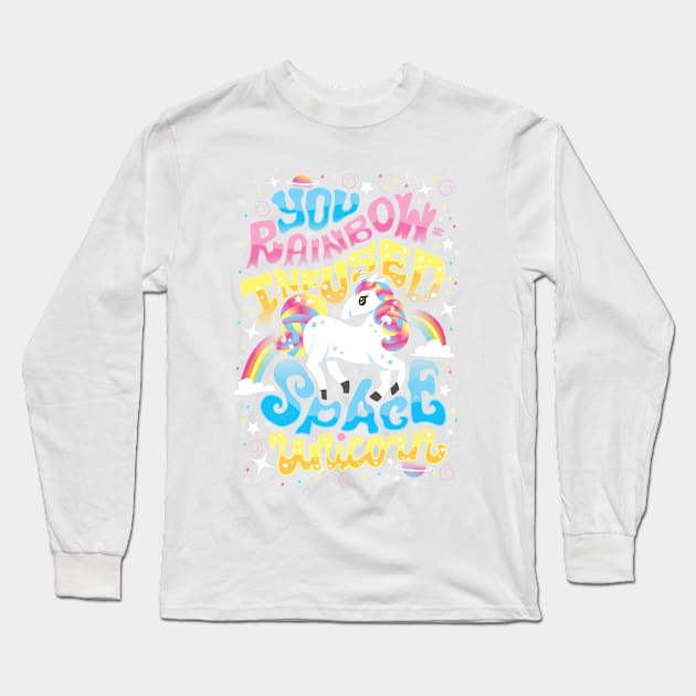 Rainbow-infused Space Unicorn Long Sleeve T-Shirt by risarodil